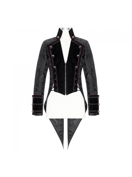 Stand-Up Collar Front Chest Metal Retro Button Back Waist Lace-Up Dovetail Hem Black Gothic Jacquard Coat
