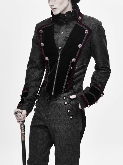 Stand-Up Collar Front Chest Metal Retro Button Back Waist Lace-Up Dovetail Hem Black Gothic Jacquard Coat