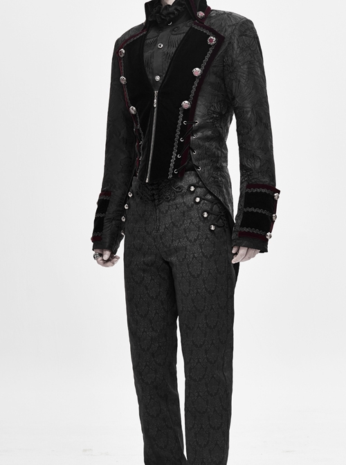 Stand-Up Collar Front Chest Metal Retro Button Back Waist Lace-Up Dovetail Hem Black Gothic Jacquard Coat