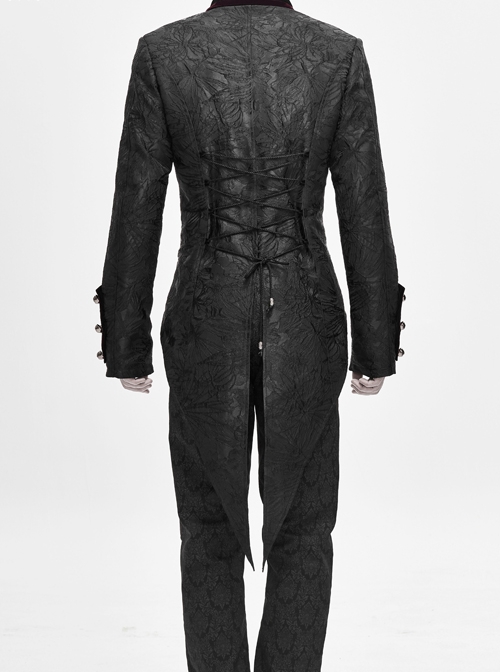Stand-Up Collar Front Chest Metal Retro Button Back Waist Lace-Up Dovetail Hem Black Gothic Jacquard Coat