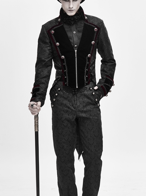 Stand-Up Collar Front Chest Metal Retro Button Back Waist Lace-Up Dovetail Hem Black Gothic Jacquard Coat