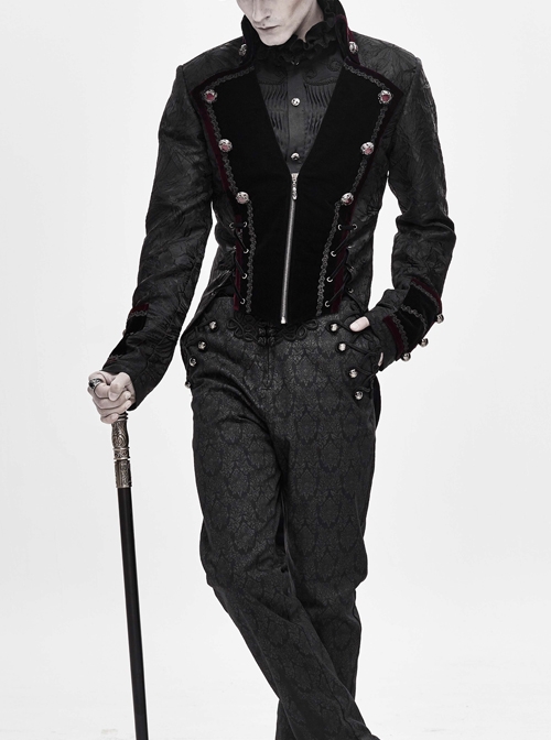 Stand-Up Collar Front Chest Metal Retro Button Back Waist Lace-Up Dovetail Hem Black Gothic Jacquard Coat