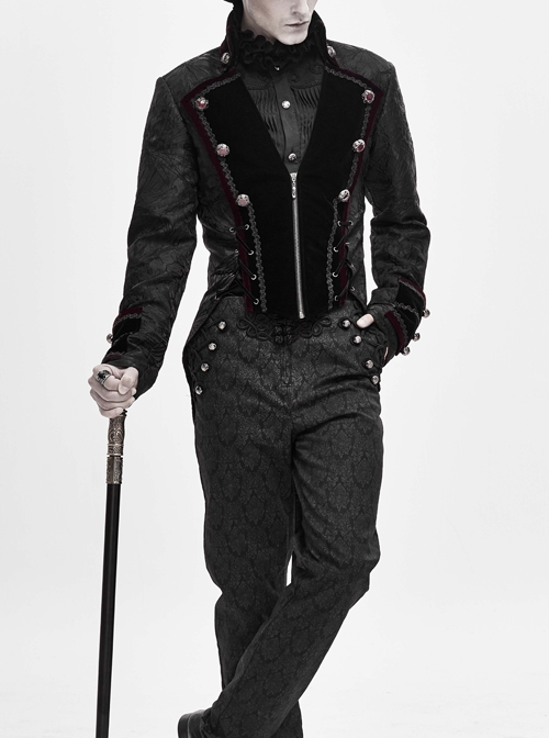 Stand-Up Collar Front Chest Metal Retro Button Back Waist Lace-Up Dovetail Hem Black Gothic Jacquard Coat