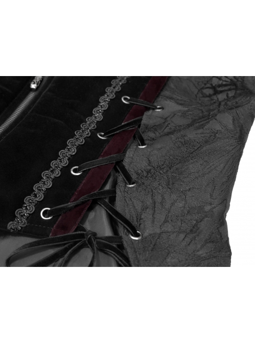 Stand-Up Collar Front Chest Metal Retro Button Back Waist Lace-Up Dovetail Hem Black Gothic Jacquard Coat