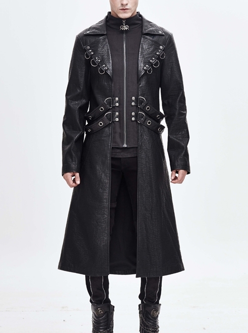 Stand-Up Collar Metal D-Buckle Decoration Waist Leather Hasp Black Punk Leather Long Coat