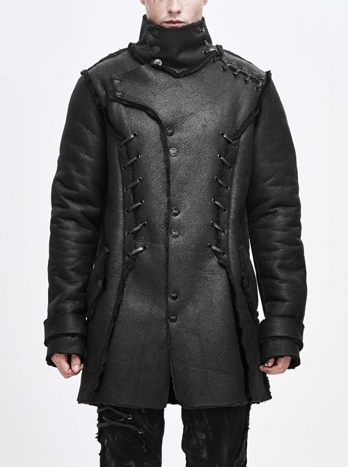Asymmetrical Lapel Front Metal Button Lace-Up Black Punk Fur Coat