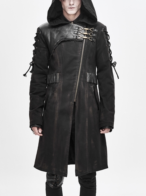 Asymmetrical Slanted Lapel Metal Hasp Lace-Up Long Sleeve Black Punk Twill Hooded Coat