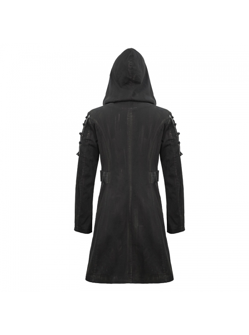 Asymmetrical Slanted Lapel Metal Hasp Lace-Up Long Sleeve Black Punk Twill Hooded Coat