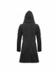 Asymmetrical Slanted Lapel Metal Hasp Lace-Up Long Sleeve Black Punk Twill Hooded Coat