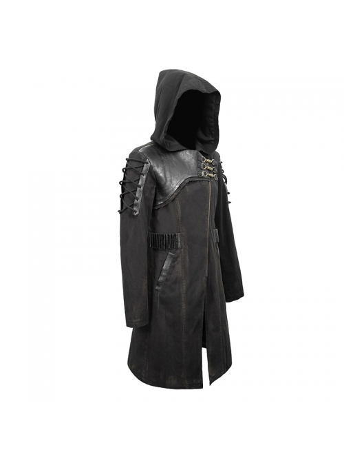 Asymmetrical Slanted Lapel Metal Hasp Lace-Up Long Sleeve Black Punk Twill Hooded Coat