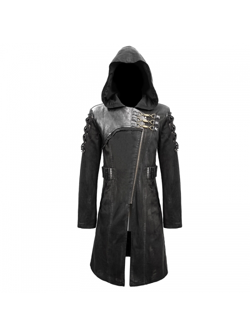 Asymmetrical Slanted Lapel Metal Hasp Lace-Up Long Sleeve Black Punk Twill Hooded Coat