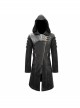 Asymmetrical Slanted Lapel Metal Hasp Lace-Up Long Sleeve Black Punk Twill Hooded Coat