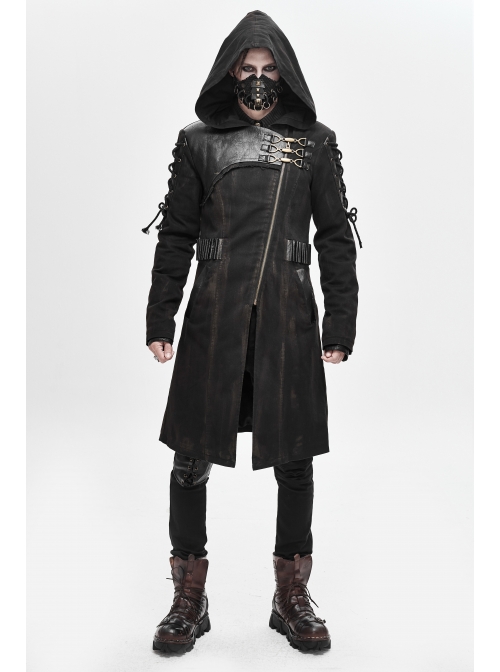 Asymmetrical Slanted Lapel Metal Hasp Lace-Up Long Sleeve Black Punk Twill Hooded Coat