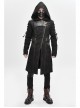 Asymmetrical Slanted Lapel Metal Hasp Lace-Up Long Sleeve Black Punk Twill Hooded Coat