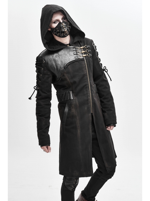 Asymmetrical Slanted Lapel Metal Hasp Lace-Up Long Sleeve Black Punk Twill Hooded Coat