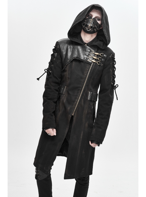 Asymmetrical Slanted Lapel Metal Hasp Lace-Up Long Sleeve Black Punk Twill Hooded Coat
