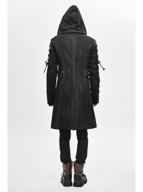 Asymmetrical Slanted Lapel Metal Hasp Lace-Up Long Sleeve Black Punk Twill Hooded Coat