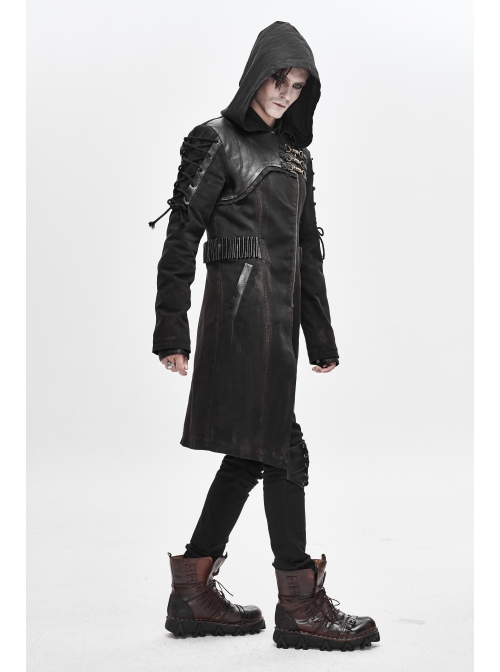 Asymmetrical Slanted Lapel Metal Hasp Lace-Up Long Sleeve Black Punk Twill Hooded Coat