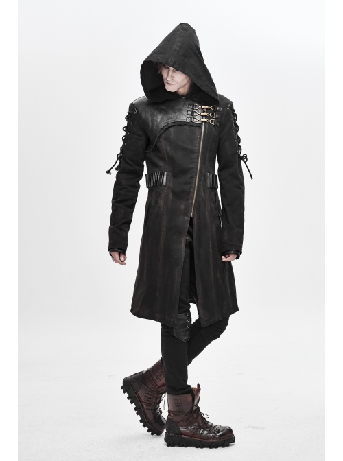 Asymmetrical Slanted Lapel Metal Hasp Lace-Up Long Sleeve Black Punk Twill Hooded Coat