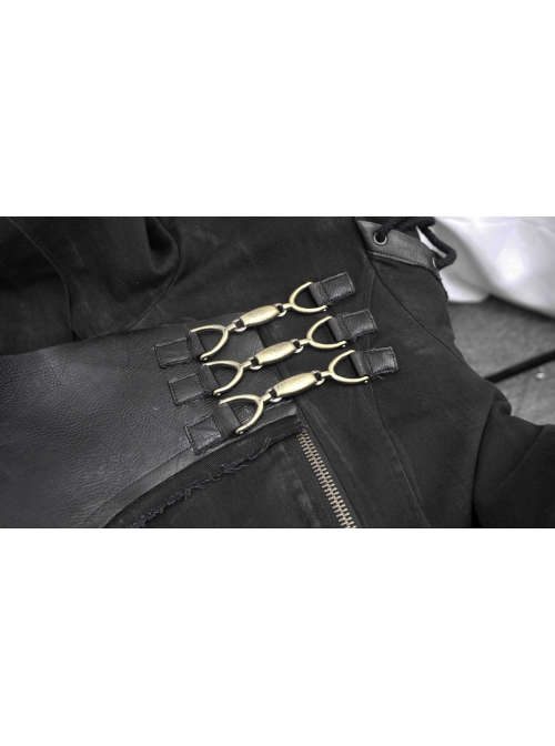 Asymmetrical Slanted Lapel Metal Hasp Lace-Up Long Sleeve Black Punk Twill Hooded Coat