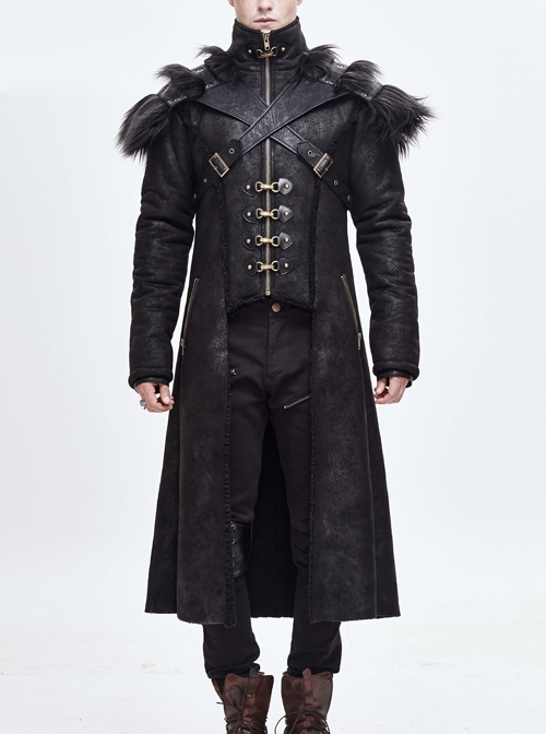 Stand-Up Collar Shoulder Fur Cape Front Metal Hasp Chest Loops Black Punk Long Fur Coat