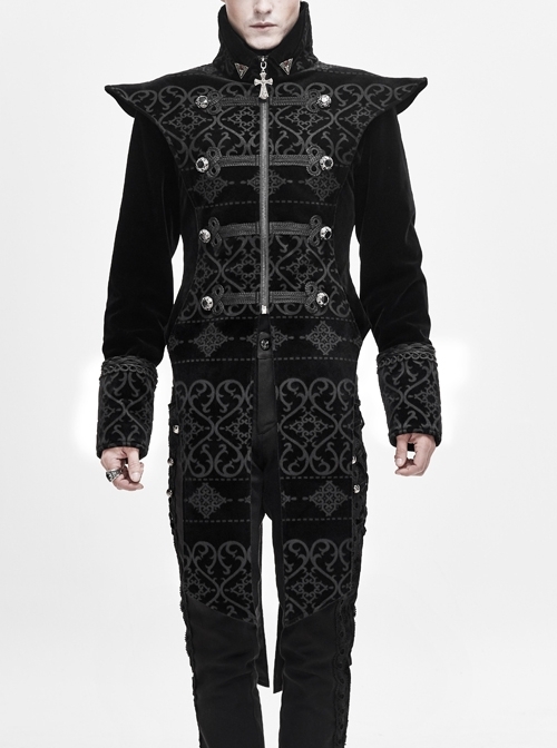 Stand-Up Collar Front Woven Strap Metal Retro Button Decoration Side Large Slit Black Gothic Jacquard Coat
