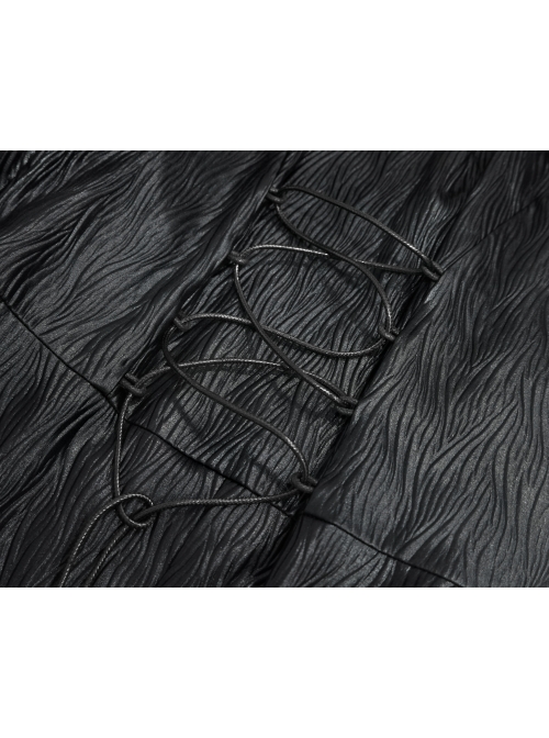 V-Neck Splice Mesh Long Sleeve Back Waist Lace-Up Black Gothic Knit Velvet Hooded Coat