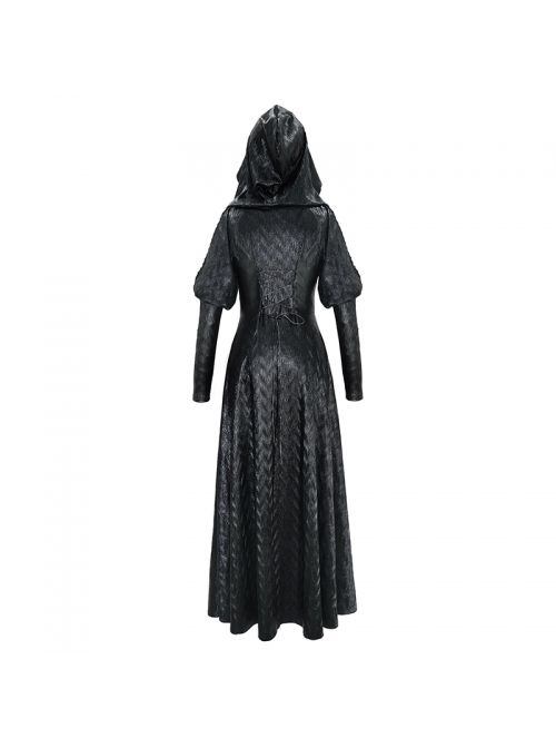 V-Neck Splice Mesh Long Sleeve Back Waist Lace-Up Black Gothic Knit Velvet Hooded Coat