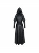 V-Neck Splice Mesh Long Sleeve Back Waist Lace-Up Black Gothic Knit Velvet Hooded Coat
