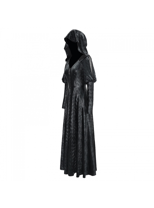 V-Neck Splice Mesh Long Sleeve Back Waist Lace-Up Black Gothic Knit Velvet Hooded Coat