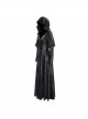 V-Neck Splice Mesh Long Sleeve Back Waist Lace-Up Black Gothic Knit Velvet Hooded Coat