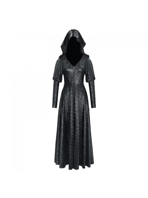 V-Neck Splice Mesh Long Sleeve Back Waist Lace-Up Black Gothic Knit Velvet Hooded Coat