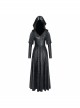 V-Neck Splice Mesh Long Sleeve Back Waist Lace-Up Black Gothic Knit Velvet Hooded Coat
