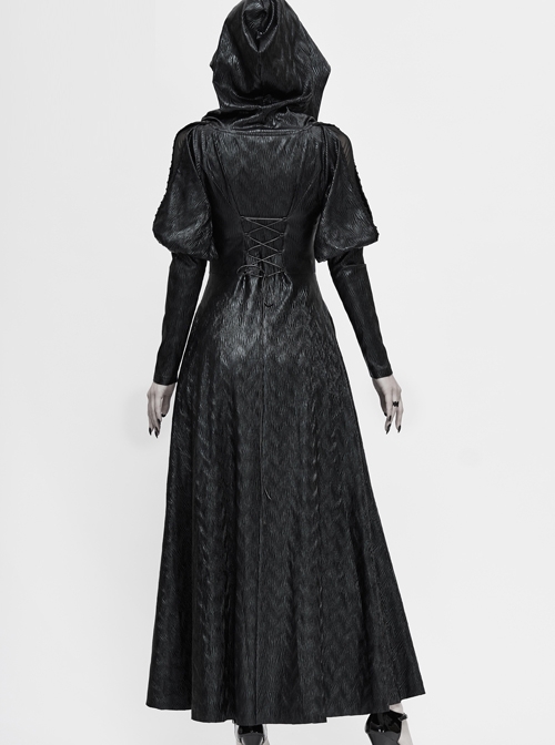 V-Neck Splice Mesh Long Sleeve Back Waist Lace-Up Black Gothic Knit Velvet Hooded Coat