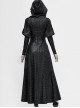 V-Neck Splice Mesh Long Sleeve Back Waist Lace-Up Black Gothic Knit Velvet Hooded Coat
