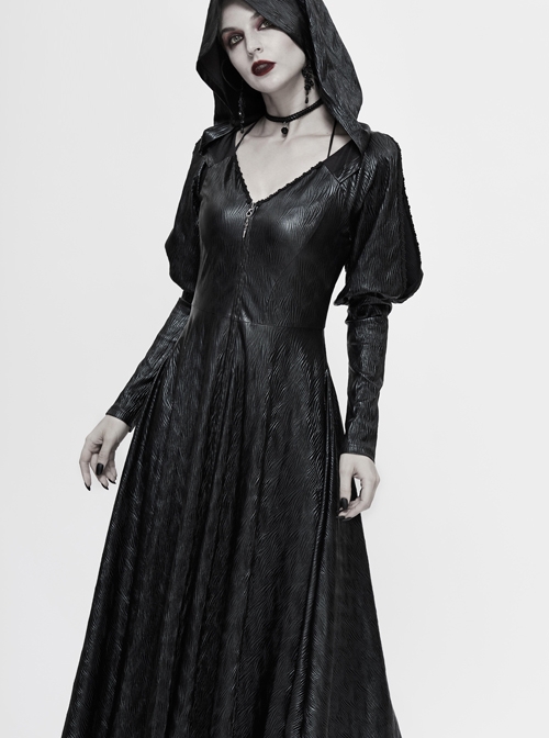 V-Neck Splice Mesh Long Sleeve Back Waist Lace-Up Black Gothic Knit Velvet Hooded Coat