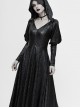V-Neck Splice Mesh Long Sleeve Back Waist Lace-Up Black Gothic Knit Velvet Hooded Coat