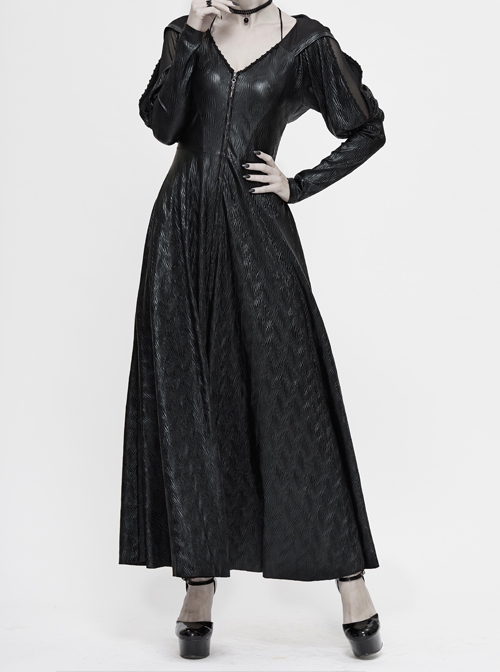 V-Neck Splice Mesh Long Sleeve Back Waist Lace-Up Black Gothic Knit Velvet Hooded Coat