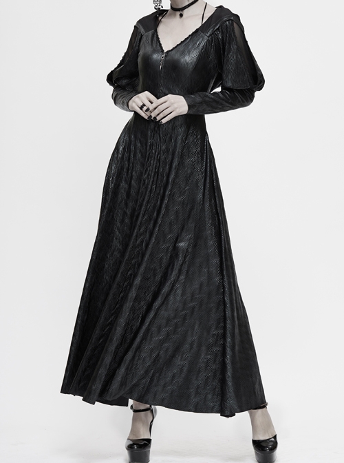 V-Neck Splice Mesh Long Sleeve Back Waist Lace-Up Black Gothic Knit Velvet Hooded Coat