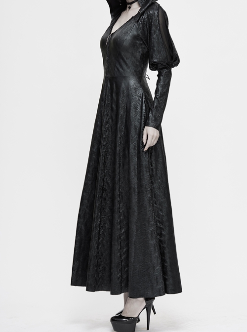V-Neck Splice Mesh Long Sleeve Back Waist Lace-Up Black Gothic Knit Velvet Hooded Coat