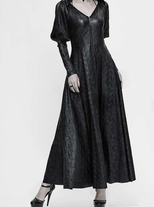 V-Neck Splice Mesh Long Sleeve Back Waist Lace-Up Black Gothic Knit Velvet Hooded Coat