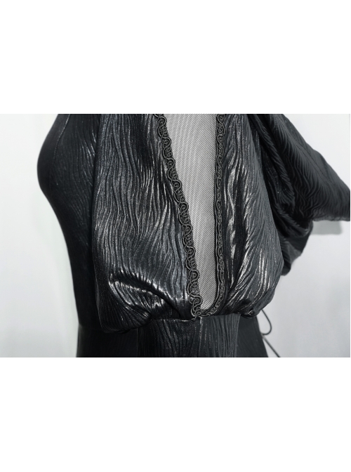 V-Neck Splice Mesh Long Sleeve Back Waist Lace-Up Black Gothic Knit Velvet Hooded Coat