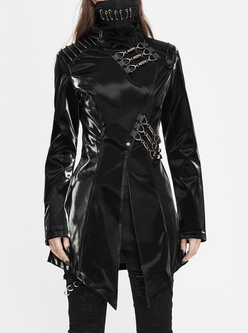 Irregular Collar Metal Hasp Lace-Up Black Punk Leather Coat