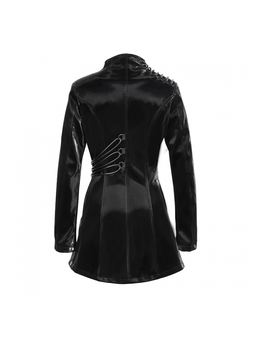 Irregular Collar Metal Hasp Lace-Up Black Punk Leather Coat