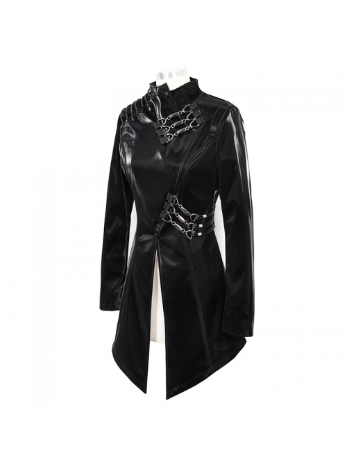 Irregular Collar Metal Hasp Lace-Up Black Punk Leather Coat