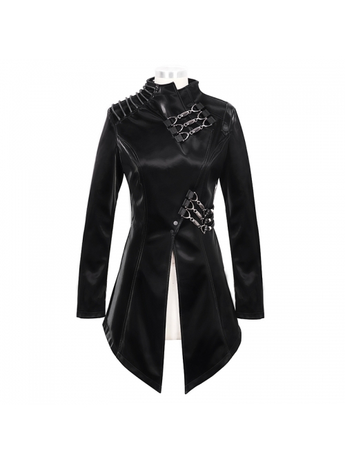 Irregular Collar Metal Hasp Lace-Up Black Punk Leather Coat