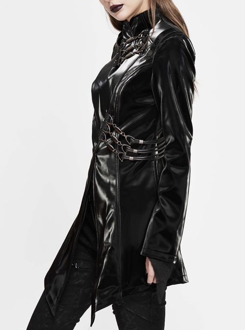 Irregular Collar Metal Hasp Lace-Up Black Punk Leather Coat