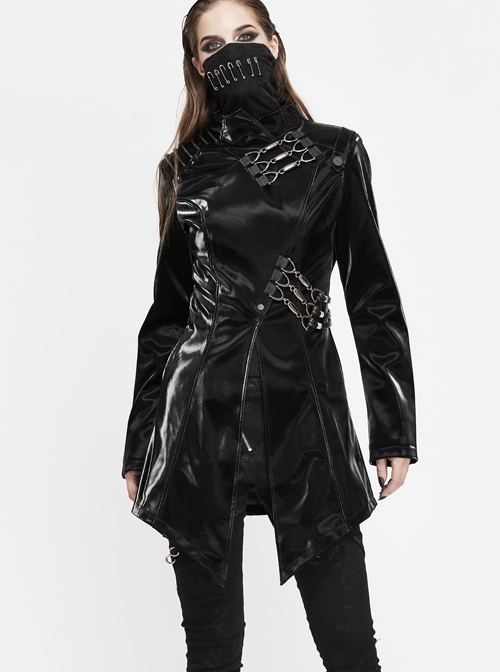 Irregular Collar Metal Hasp Lace-Up Black Punk Leather Coat