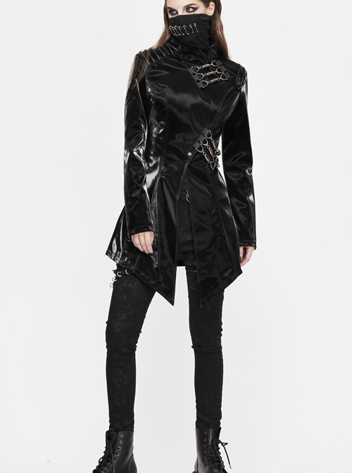 Irregular Collar Metal Hasp Lace-Up Black Punk Leather Coat