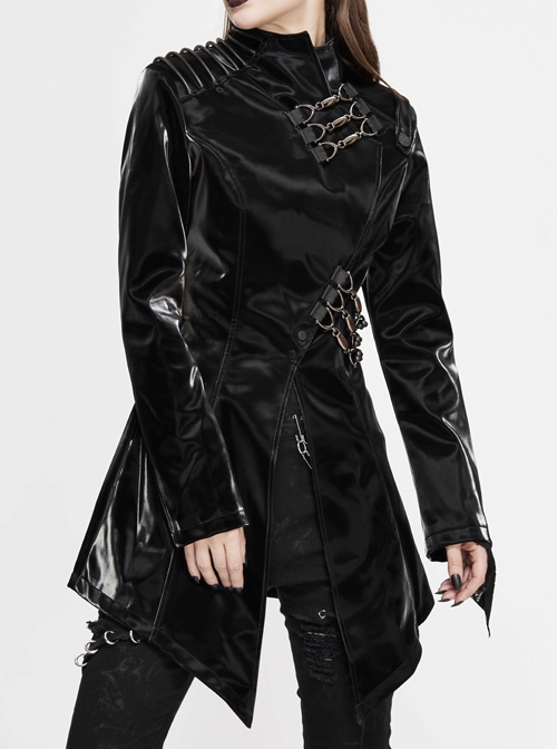 Irregular Collar Metal Hasp Lace-Up Black Punk Leather Coat